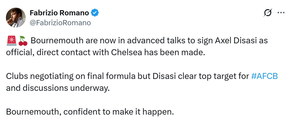Fabrizio Romano on Axel Disasi's Bournemouth move.