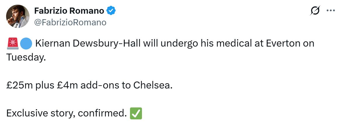 Fabrizio Romano on Kiernan Dewsbury-Hall's medical.