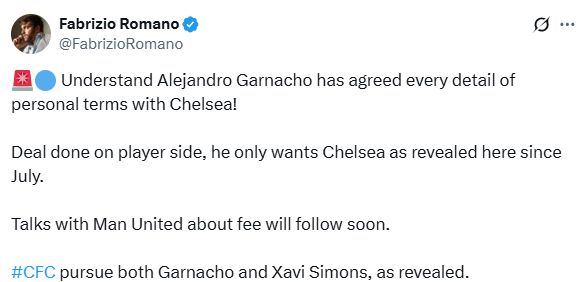 Fabrizio Romano's Tweet about Alejandro Garnacho reveals just how close he is to a Chelsea move. 