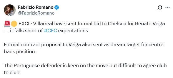 Fabrizio Romano's Tweet about Villareal's interest in Renato Veiga.