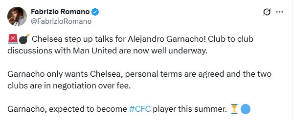 Fabrizio Romano's latest update on Chelsea's chase of Alejandro Garnacho.