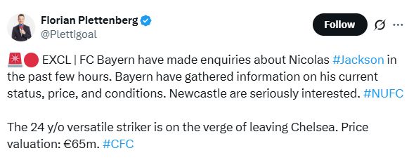 Florian Plettenberg's Tweet about Nicolas Jackson.