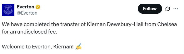 Kiernan Dewsbury-Hall move to Everton is announced by the Merseyside club.