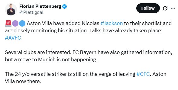 Nicolas Jackson on Aston Villa's shortlist according to insider Florian Plettenberg.