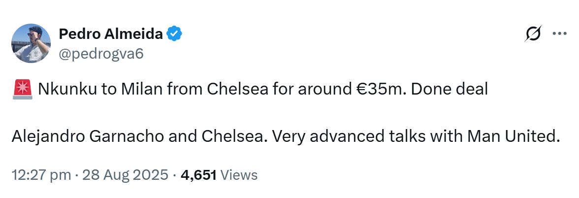 Pedro Almeida Tweet about Garnacho and Nkunku.
