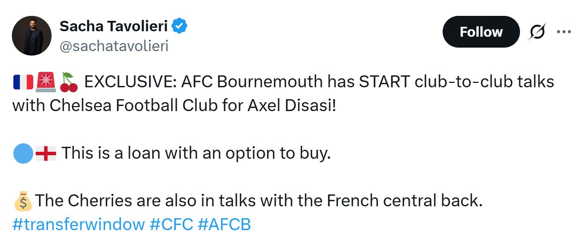 Sacha Tavolieri's Tweet about Bournemouth being in for Axel Disasi.