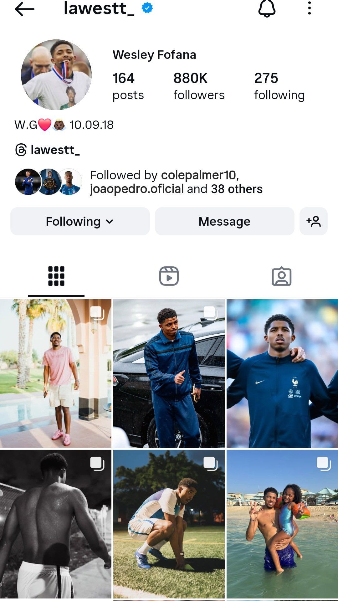 Wesley Fofana's Instagram page - without any Chelsea pictures.