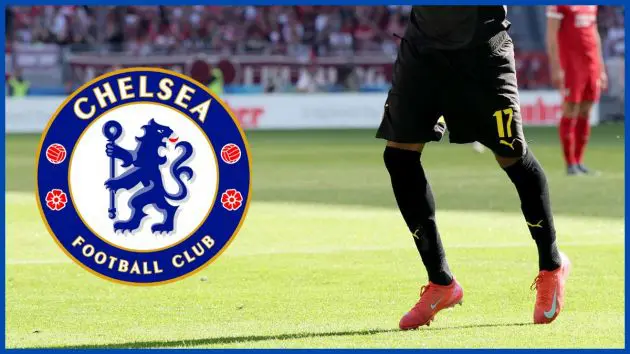 Carney Chukwuemeka with a Chelsea logo.