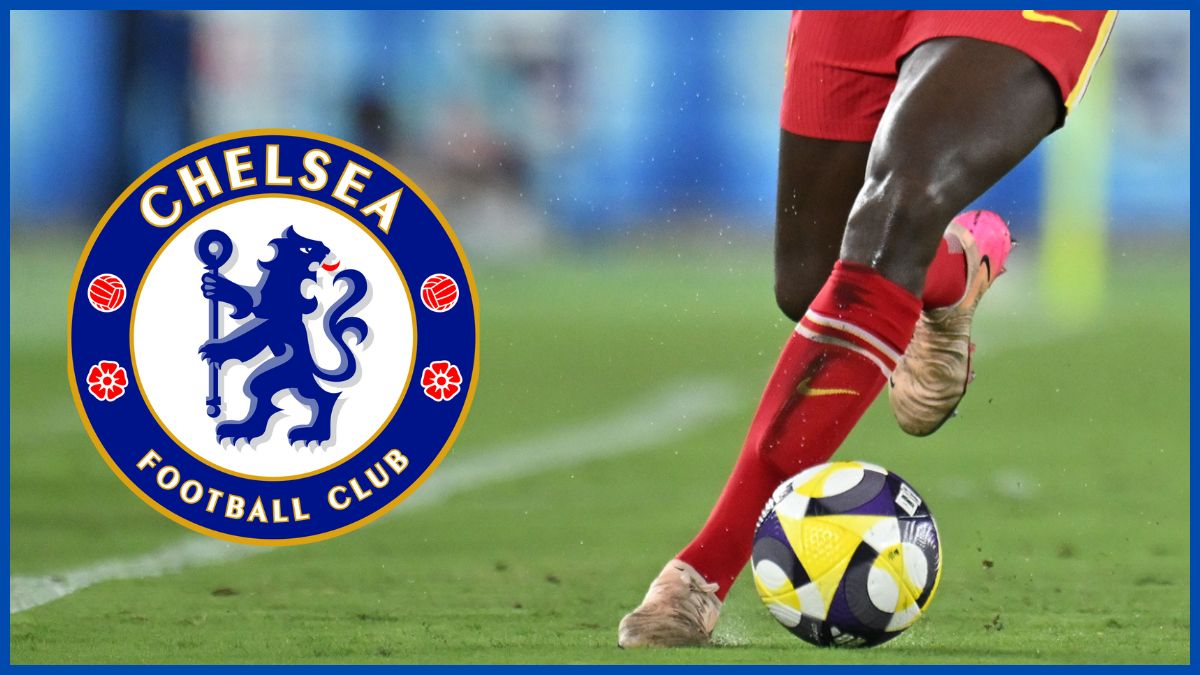 Ibrahima Konate with a Chelsea logo.