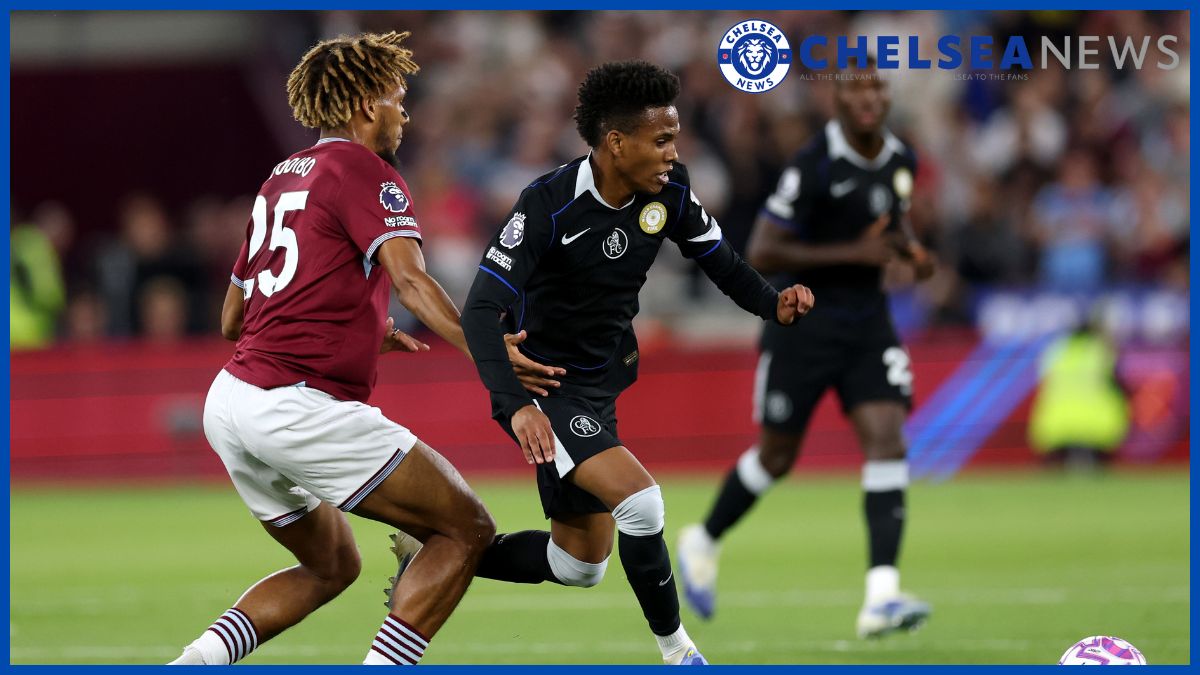 Estevao Willian takes on West Ham defenders.