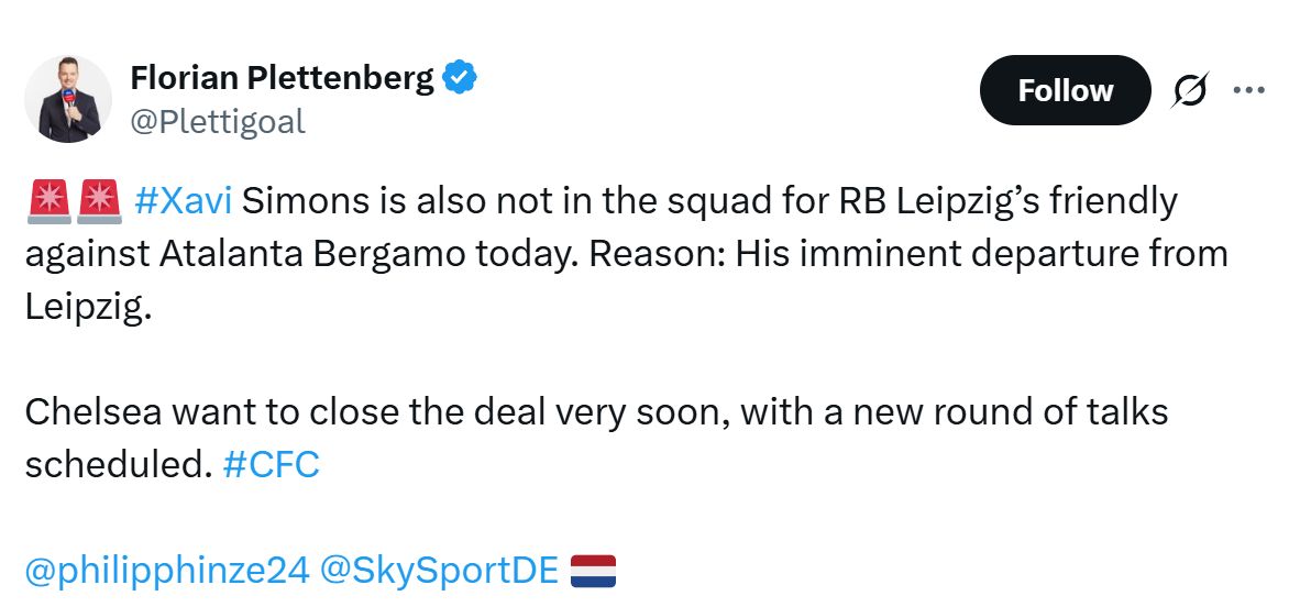 Xavi Simons left out of RB Leipzig squad.