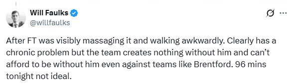 A Tweet about Cole Palmer's groin injury.