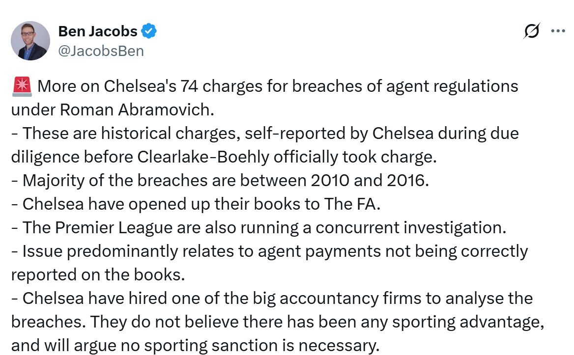 Ben Jacobs' Tweet about Chelsea's rule breaches.
