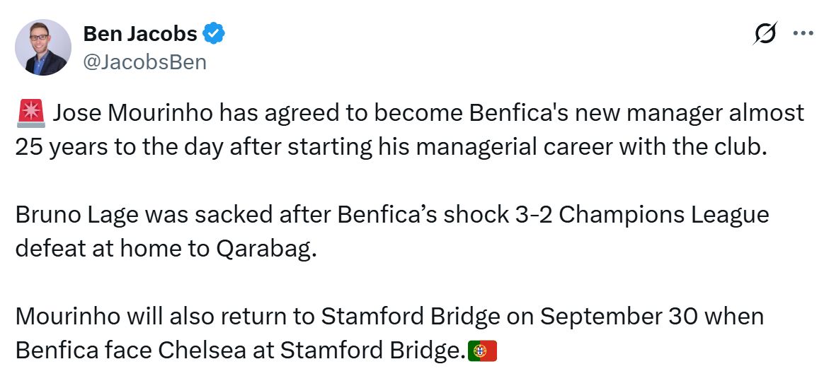 Ben Jacobs on Jose Mourinho's return to Benfica.