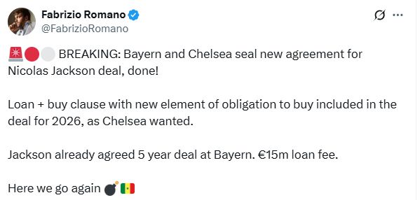 Chelsea agree a second deal with Bayern Munich for Nicolas Jackson.