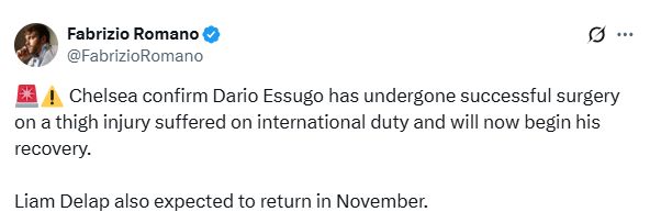 Fabrizio Romano confirms Essugo's injury.