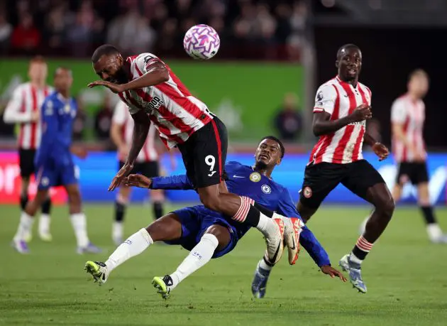 Jorrel Hato battles for possession against Brentford.