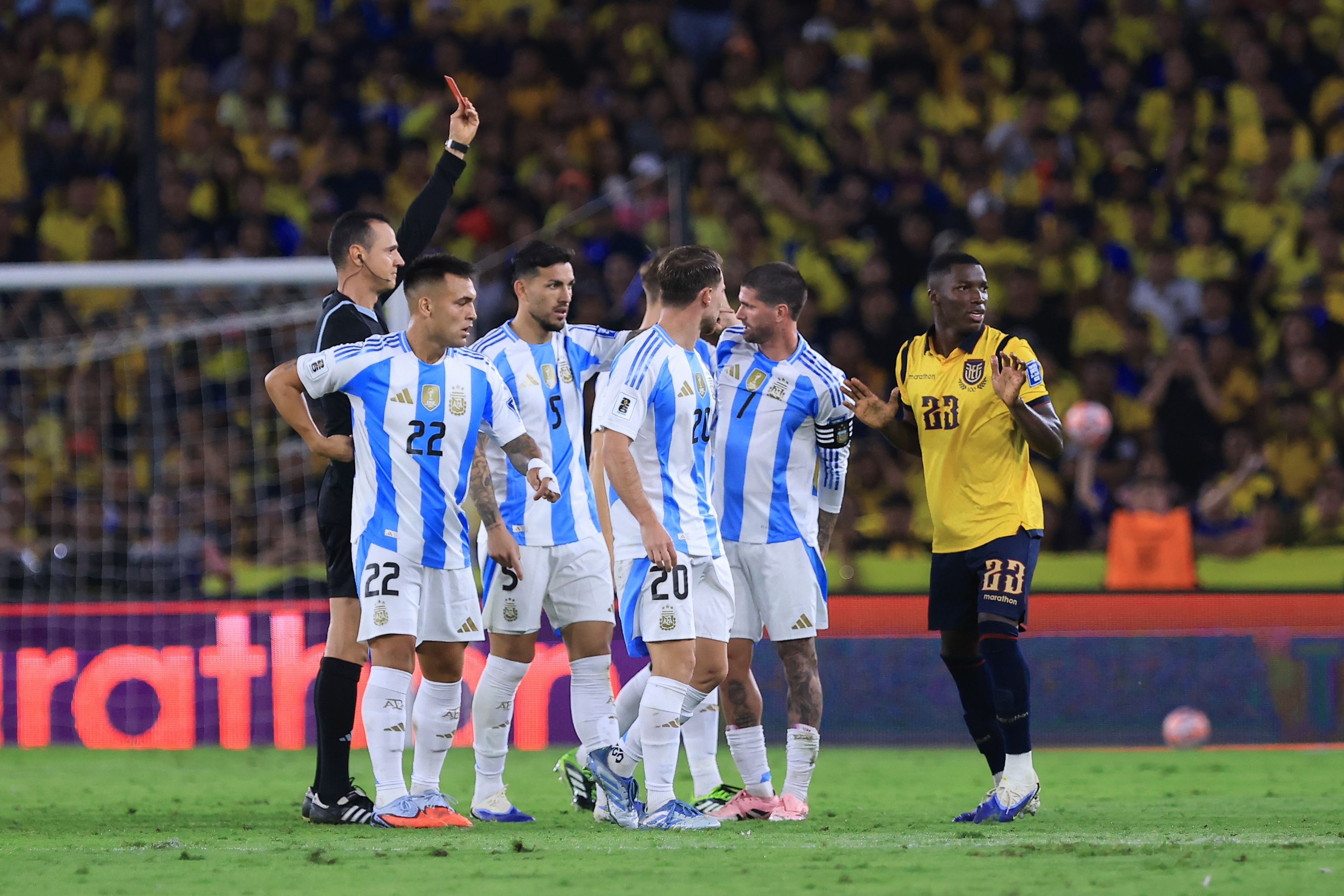 Moises Caicedo receives red card against Argentina.