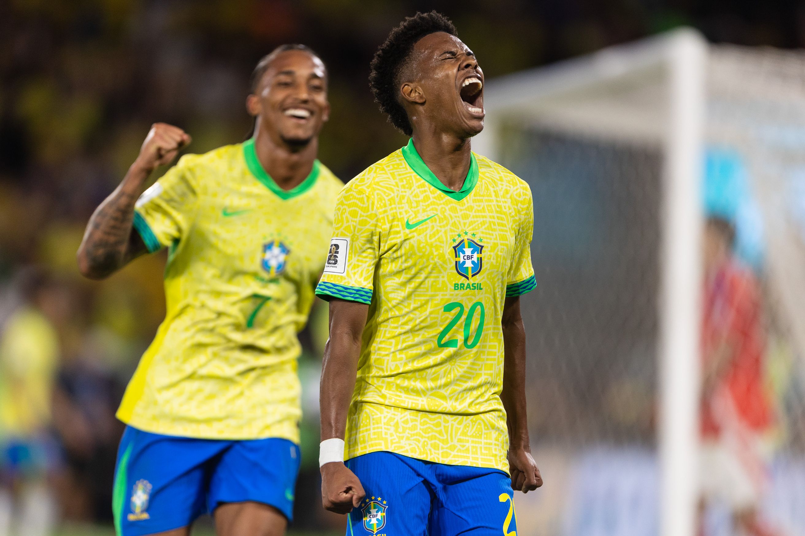 Estevao Willian celebrates his first goal for Brazil.