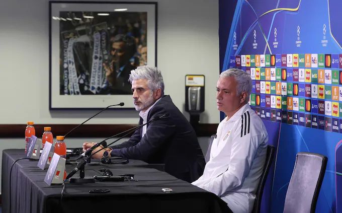 Jose Mourinho speaking at Stamford Bridge.