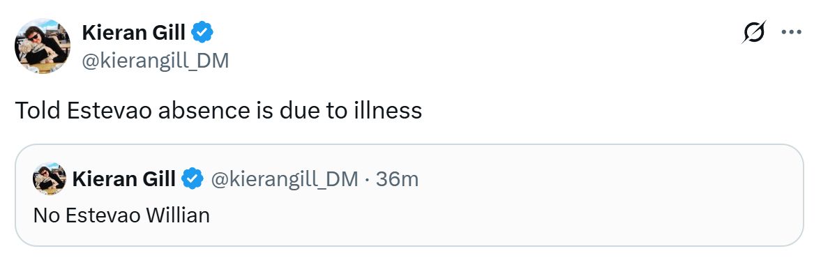 Kieran Gill's Tweet about Estevao Willian.