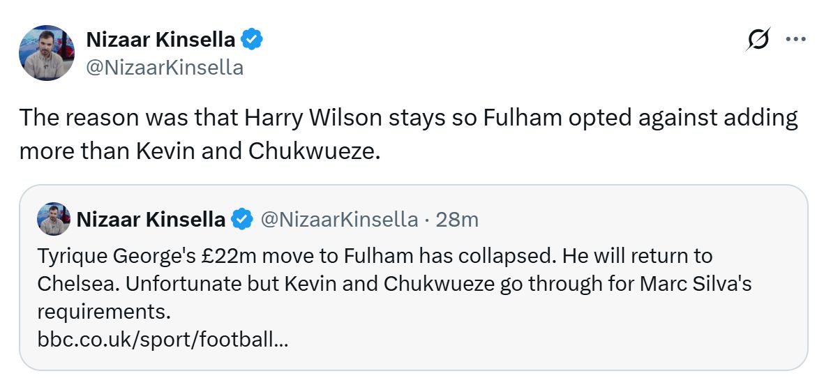 Nizaar Kinsella's Tweet explaining why Tyrique George's move collapsed.