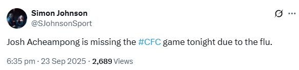 Simon Johnson's Tweet about Josh Acheampong.