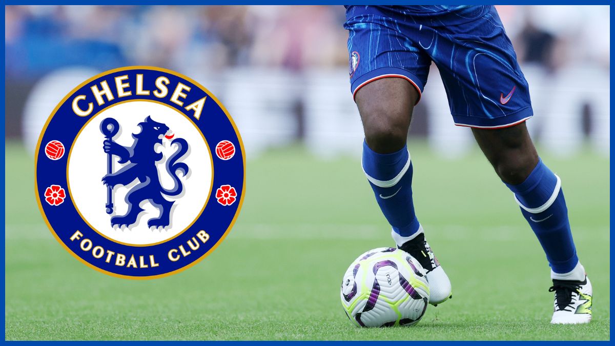 Raheem Sterling with a Chelsea logo.