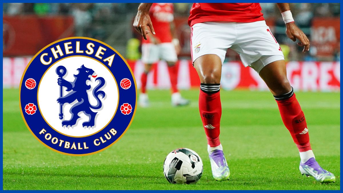 Vangelis Pavlidis with a Chelsea logo.
