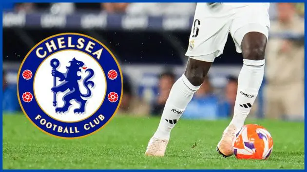 Eduardo Camavinga with a Chelsea logo.