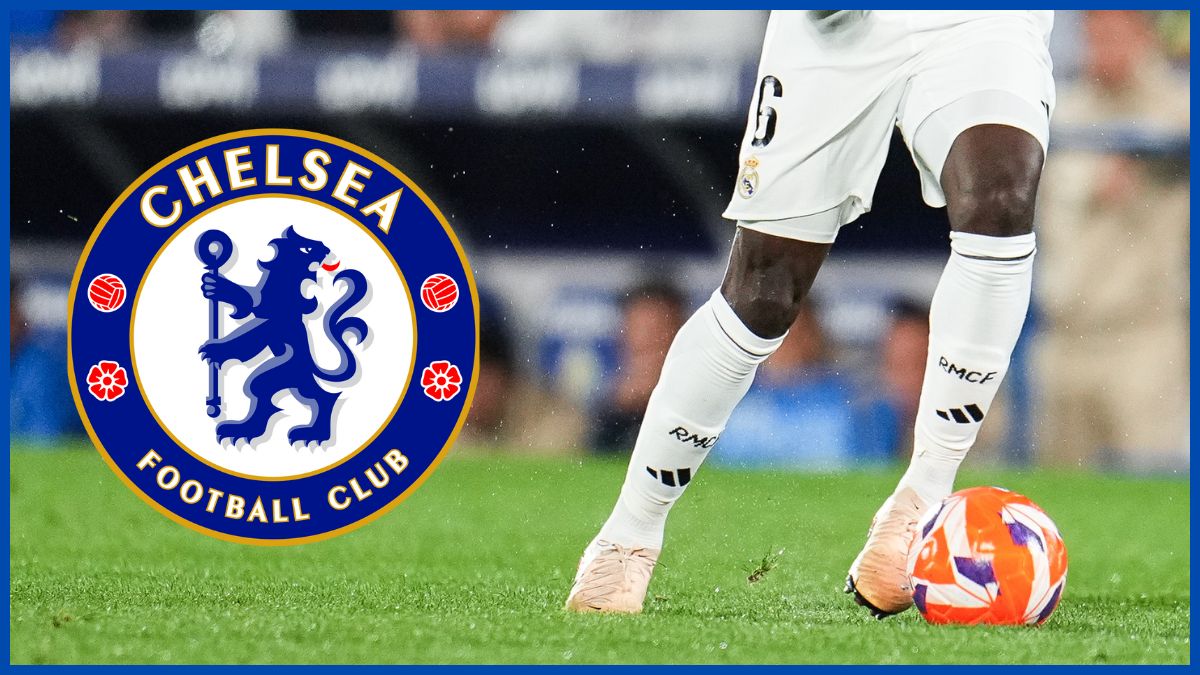 Eduardo Camavinga with a Chelsea logo.