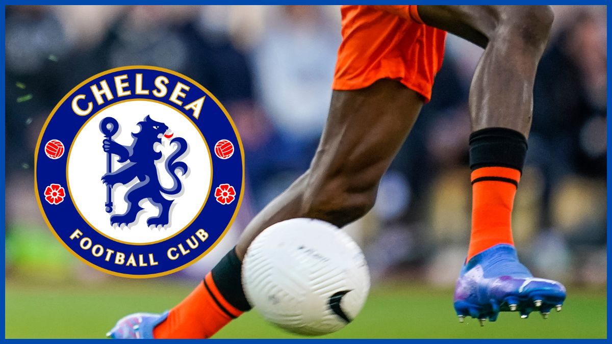 Emanuel Emegha with a Chelsea logo.