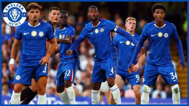 A generic group of Chelsea players defend a corner.