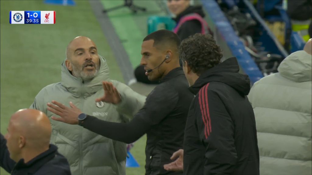 Enzo Maresca gets a booking against Liverpool for arguing with Javi Valero.