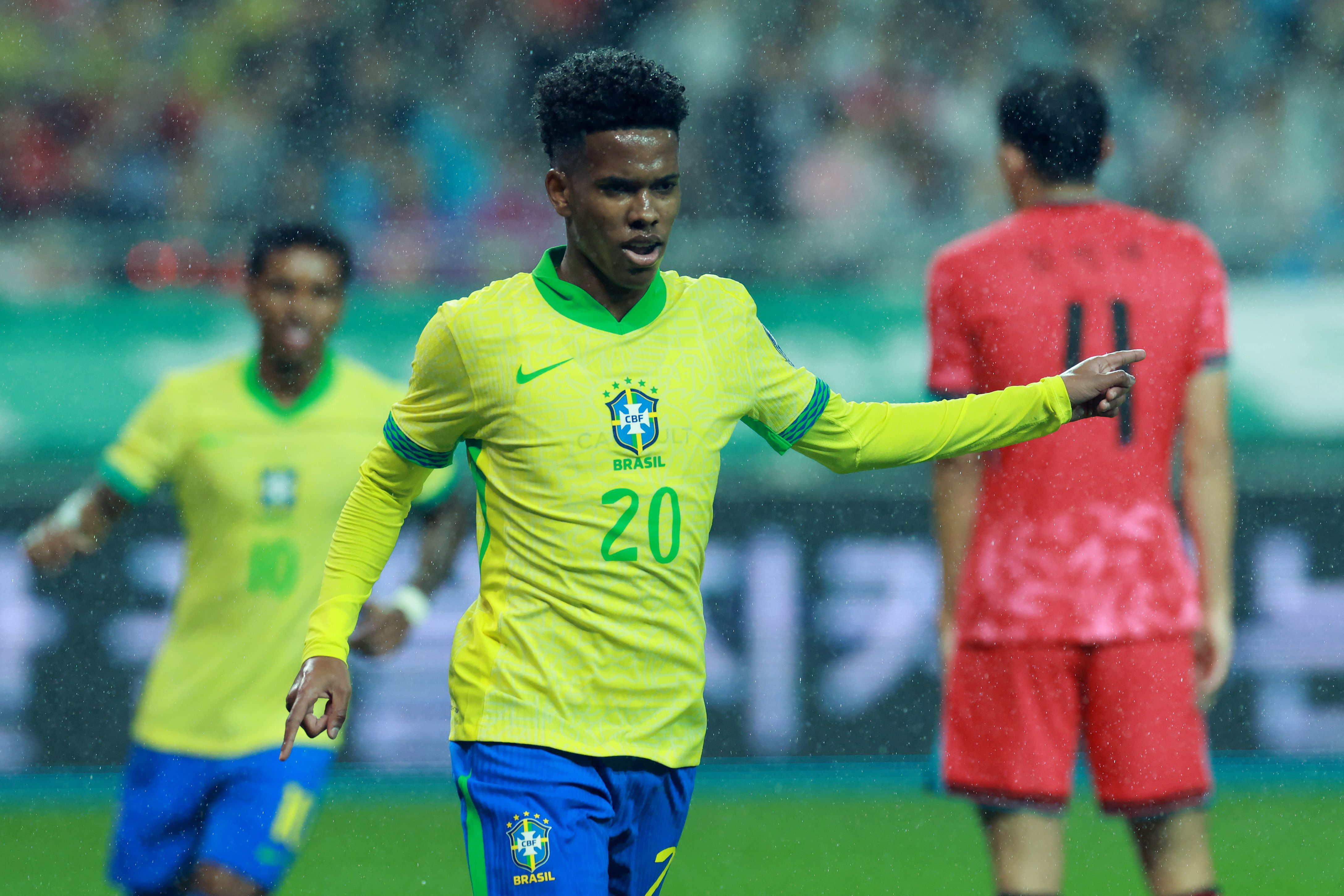 Estevao Willian celebrates scoring for Brazil against South Korea.