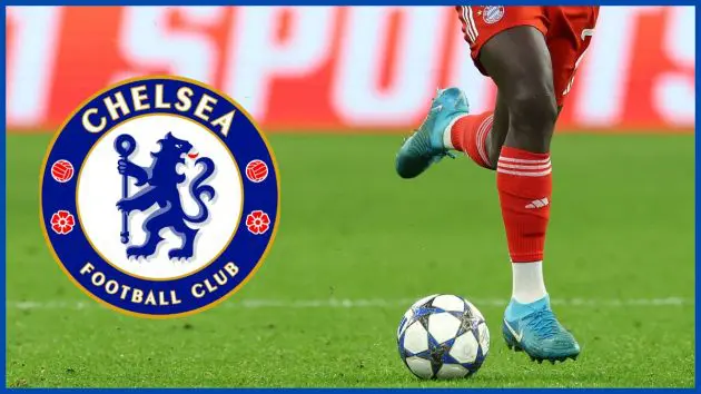 Dayot Upamecano with a Chelsea logo.
