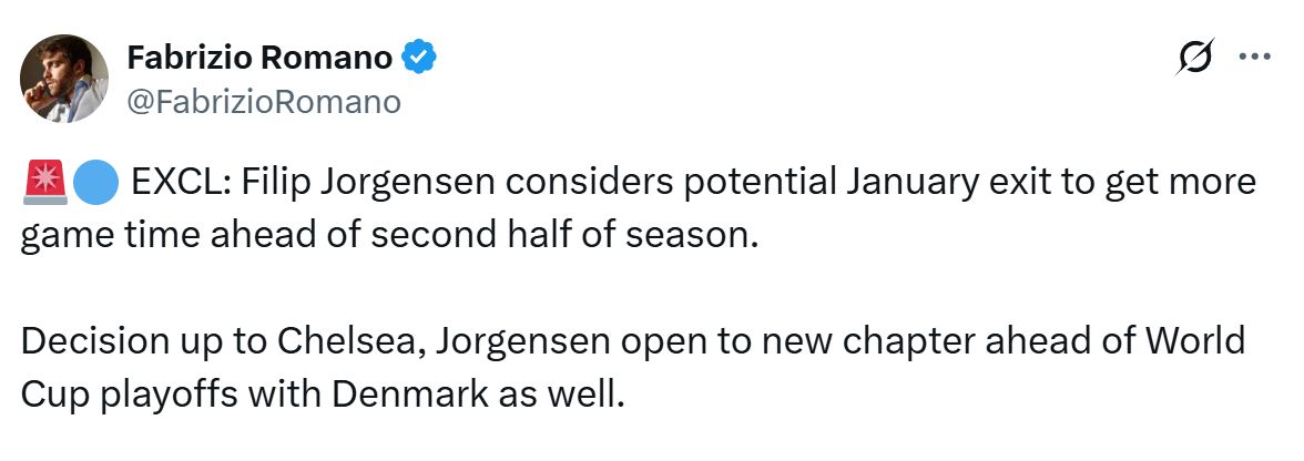 Filip Jorgensen considers a January exit to get more game time says Fabrizio Romano.