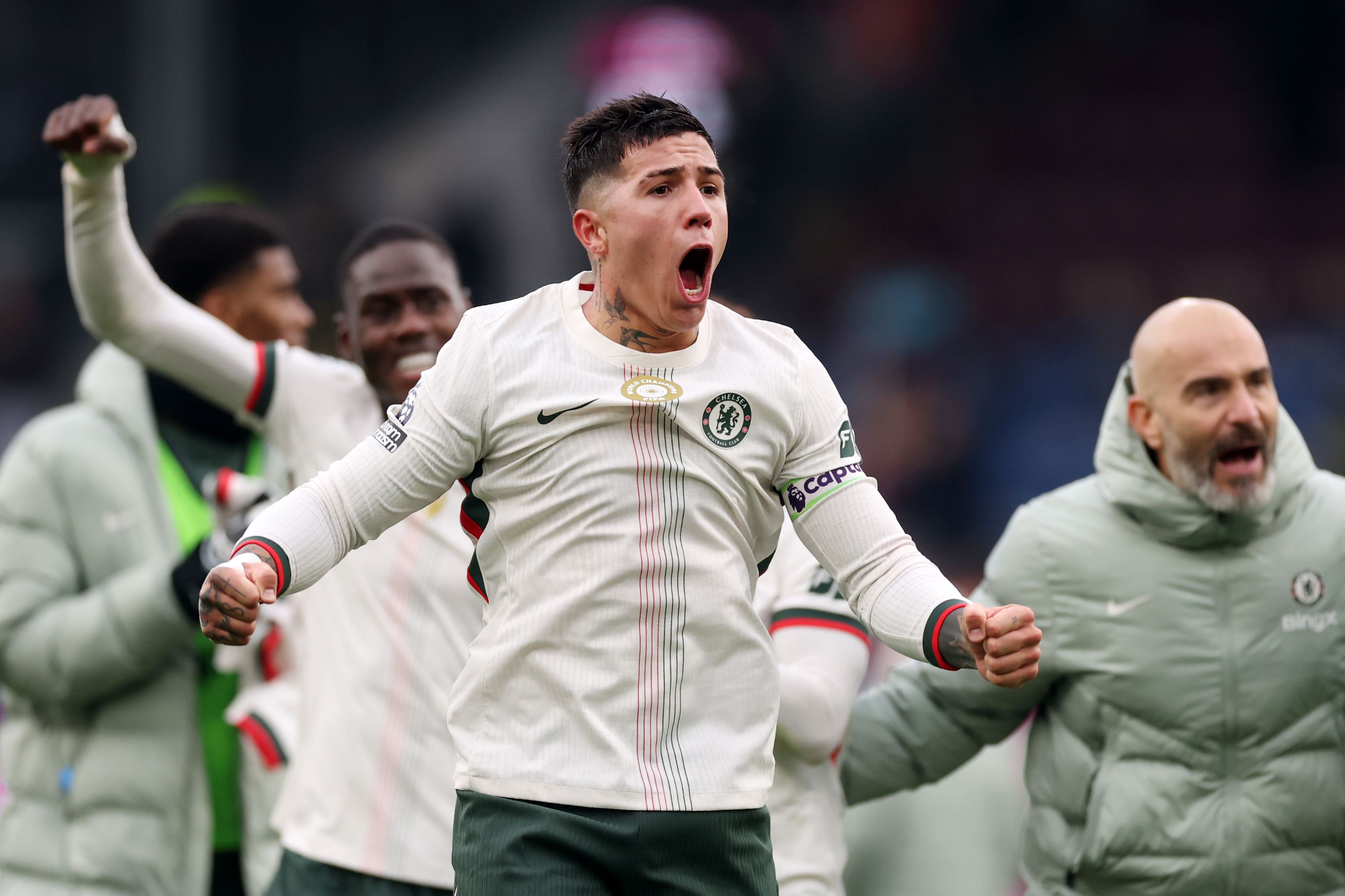 Enzo Fernandez celebrates Chelsea win.