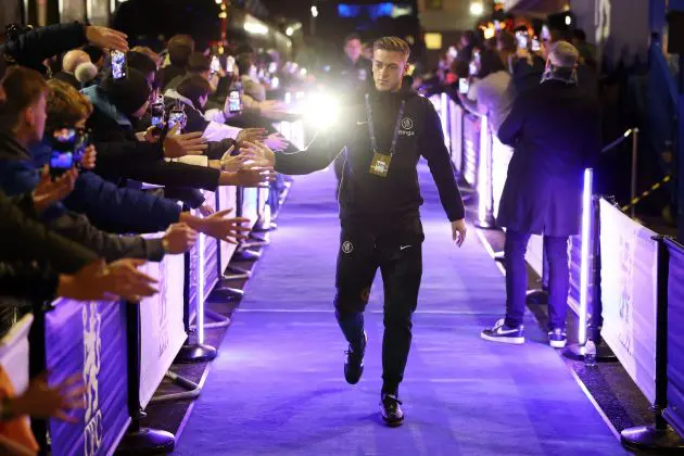 Liam Delap arrives at Stamford Bridge.