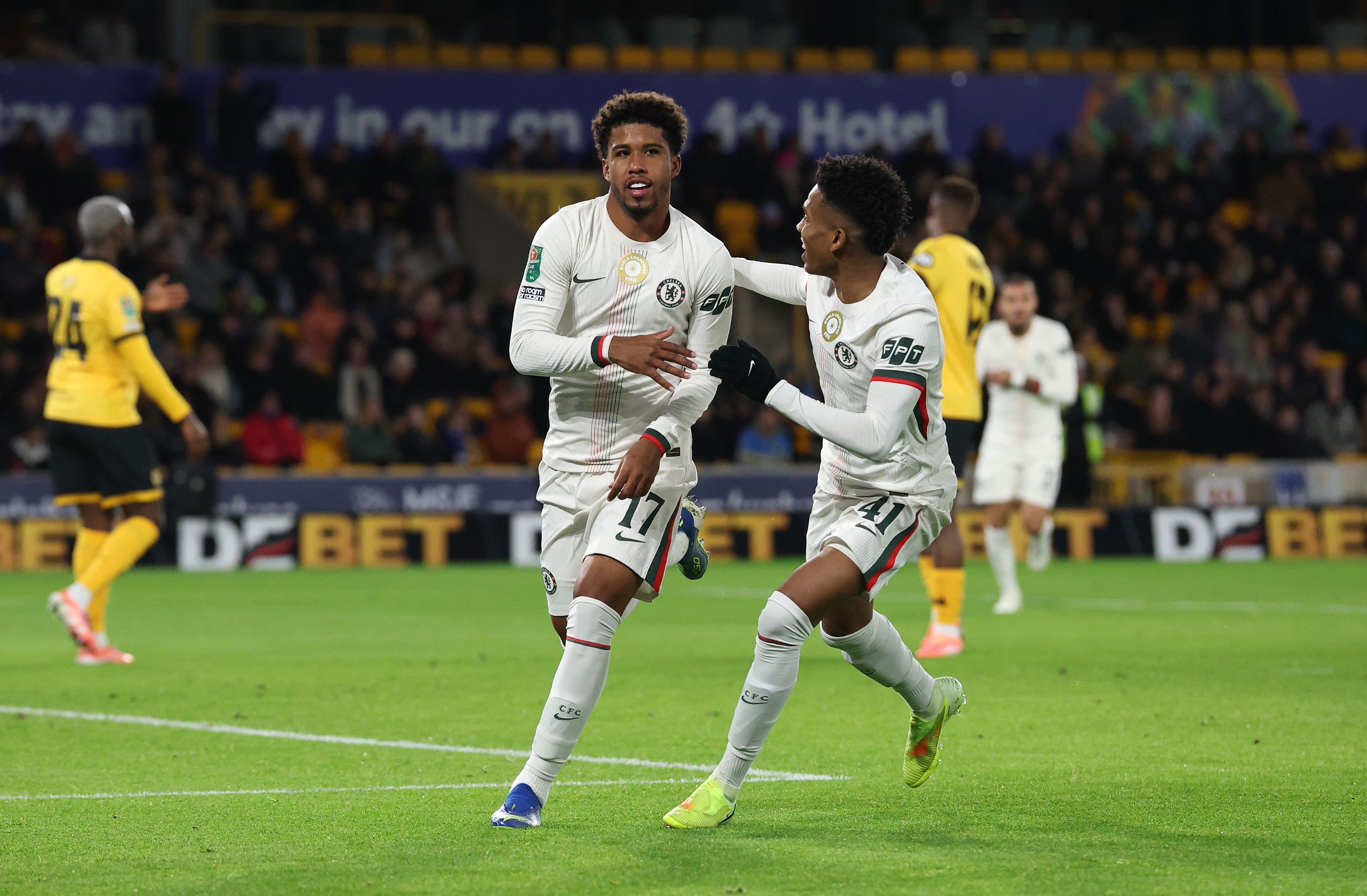 Andrey Santos and Estevao celebrate for Chelsea.