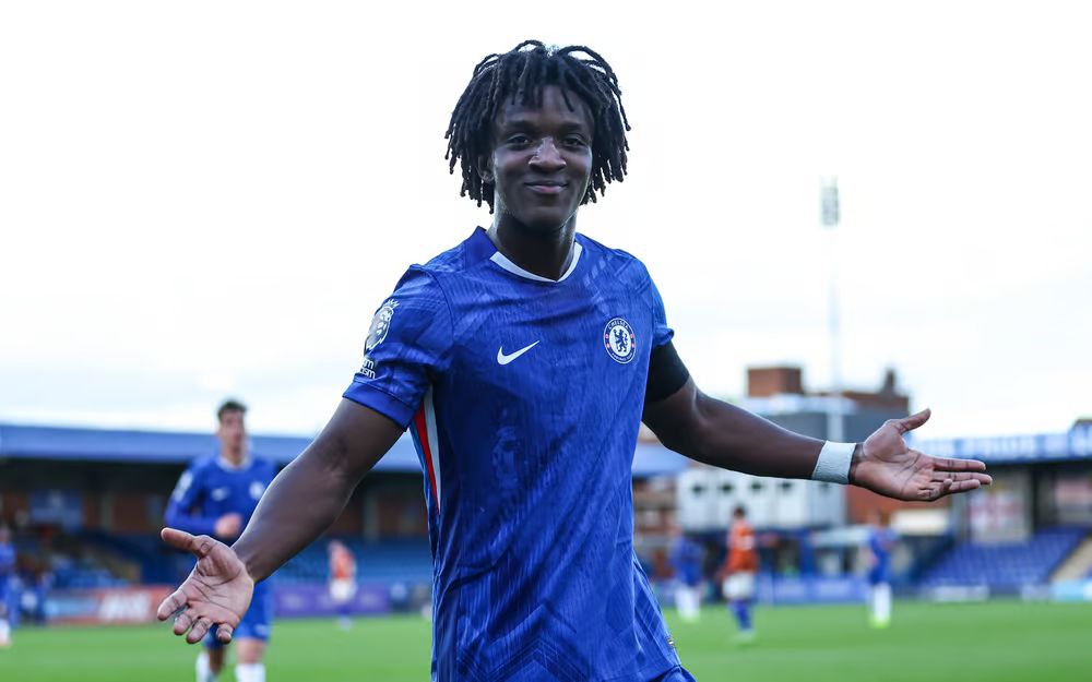 Shim Mheuka celebrates a Development Squad goal. (Photo by Chris Lee/Chelsea FC)