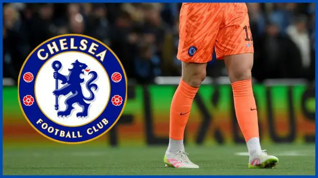 Filip Jorgensen with a Chelsea logo.