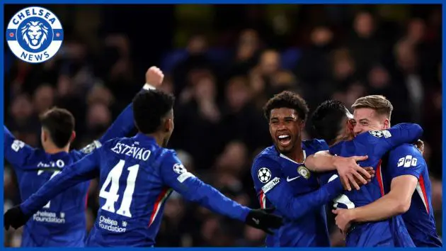 Chelsea celebrate in a group after Barca win.