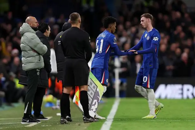 Cole Palmer is taken off for Estevao. (Photo by Steve Bardens/Getty Images)
