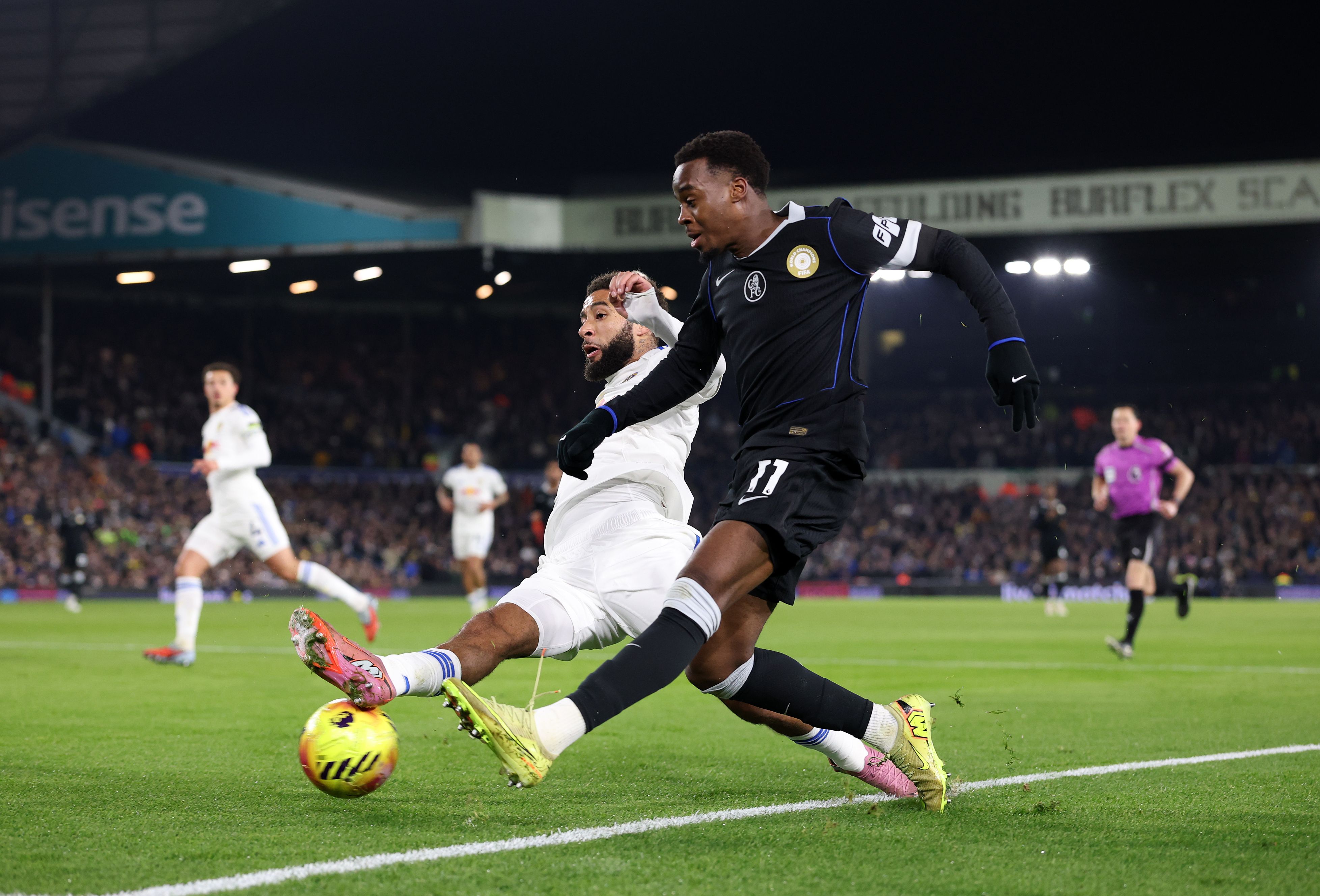 Jamie Gittens battles for possession against Leeds.