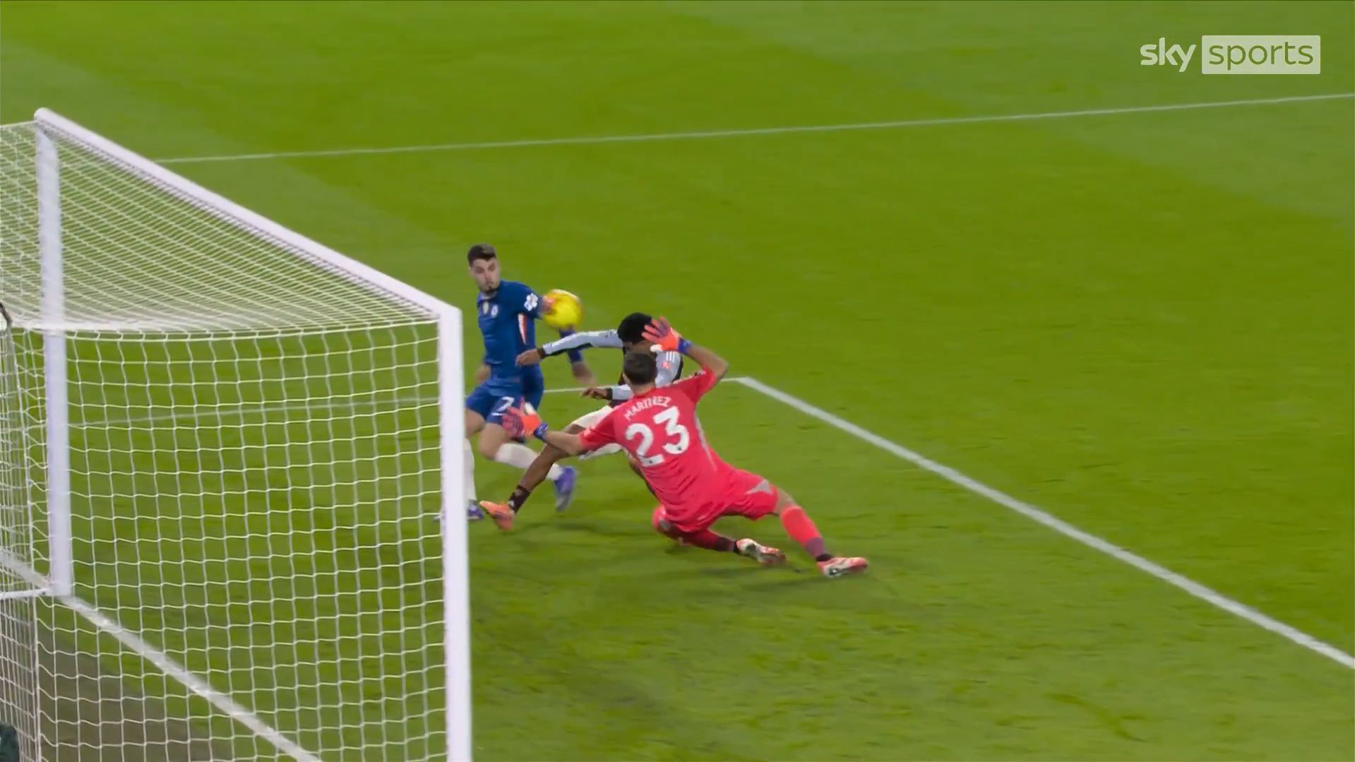 Pedro Neto spots the Ian Maatsen hand ball.