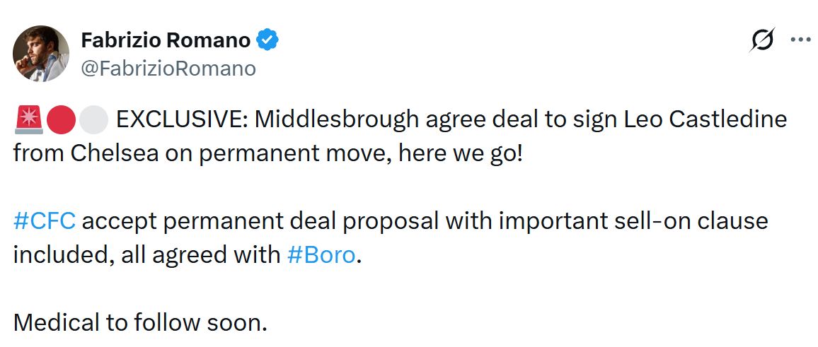 Fabrizio Romano's Tweet about Leo Castledine's move to Middlesbrough.