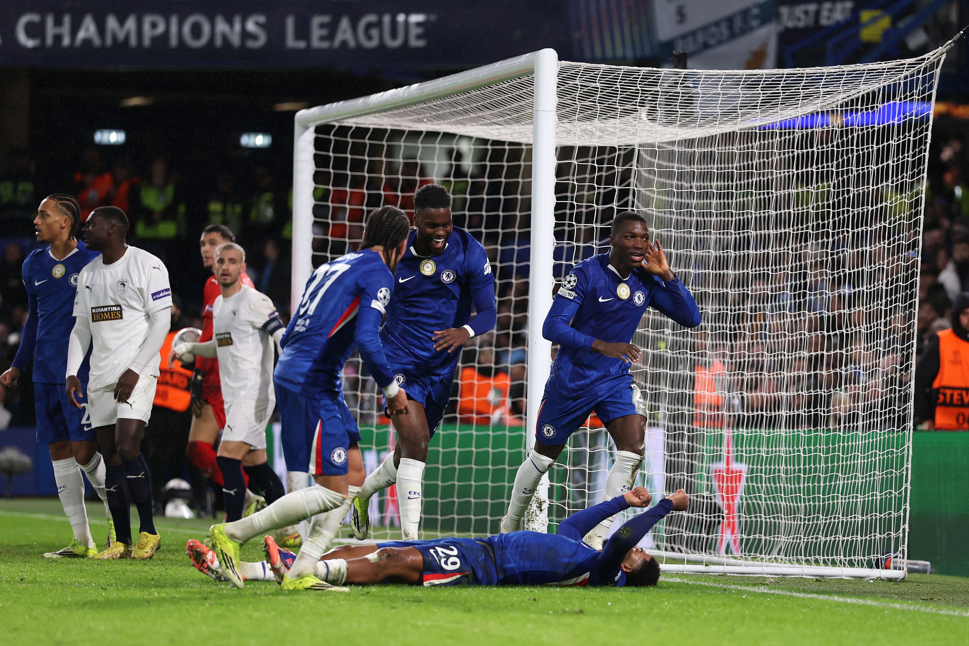 Moises Caicedo celebrates scoring for Chelsea.