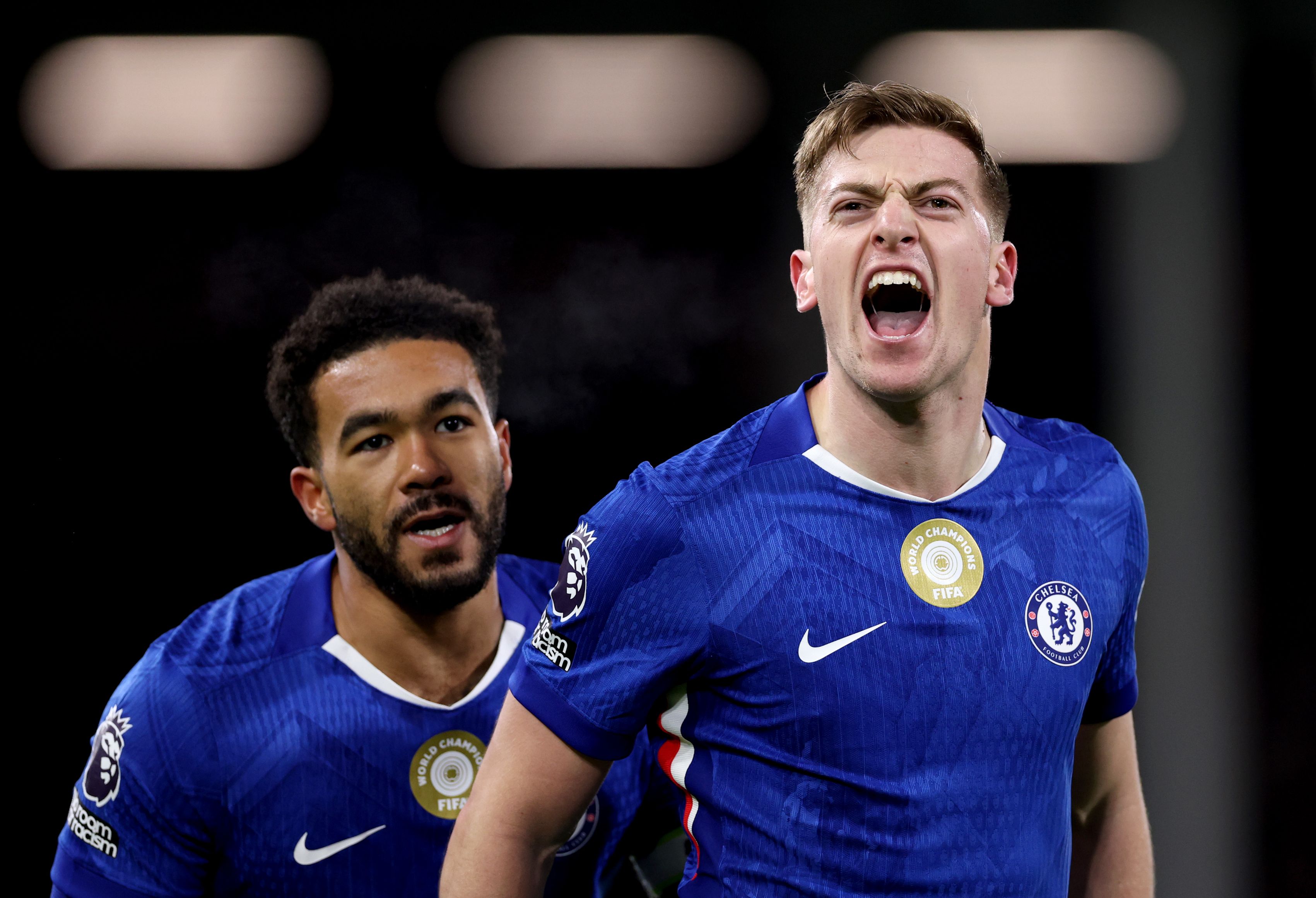 Liam Delap celebrates scoring for Chelsea.