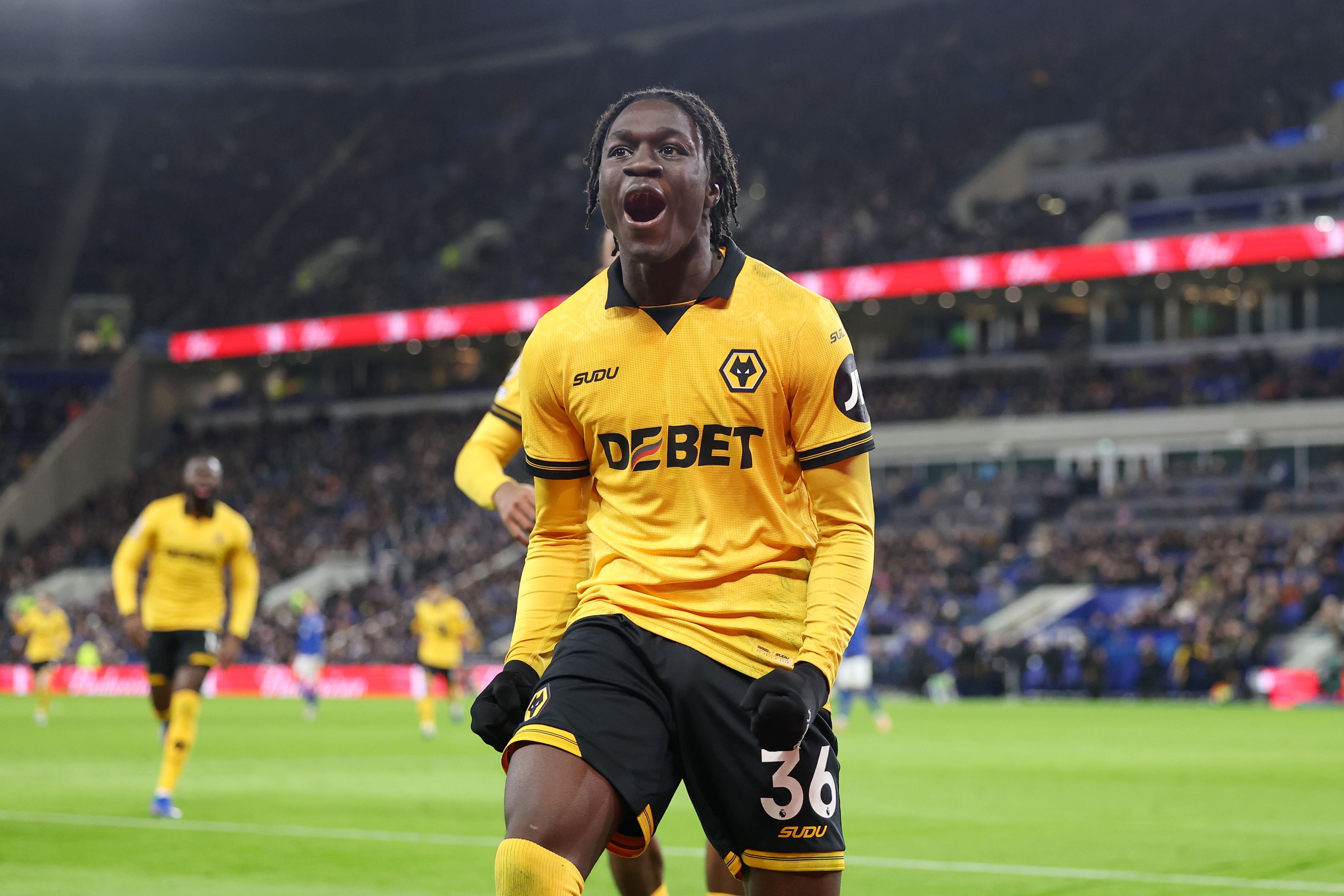 Mateus Mane celebrates scoring for Wolves.